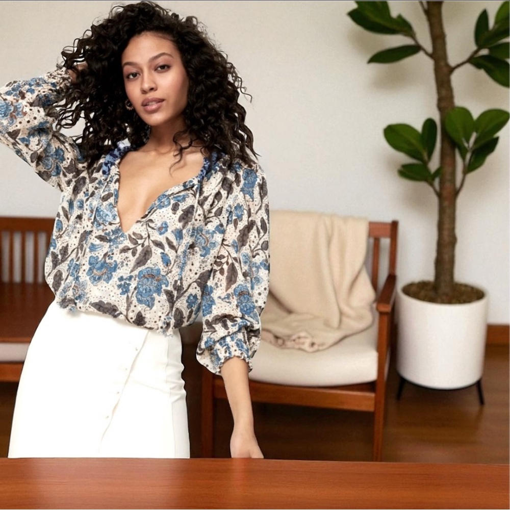 Joie Jaipur Floral Long Sleeve Smocked Waist & Cuffs Clip Dot Peasant Top -NWT